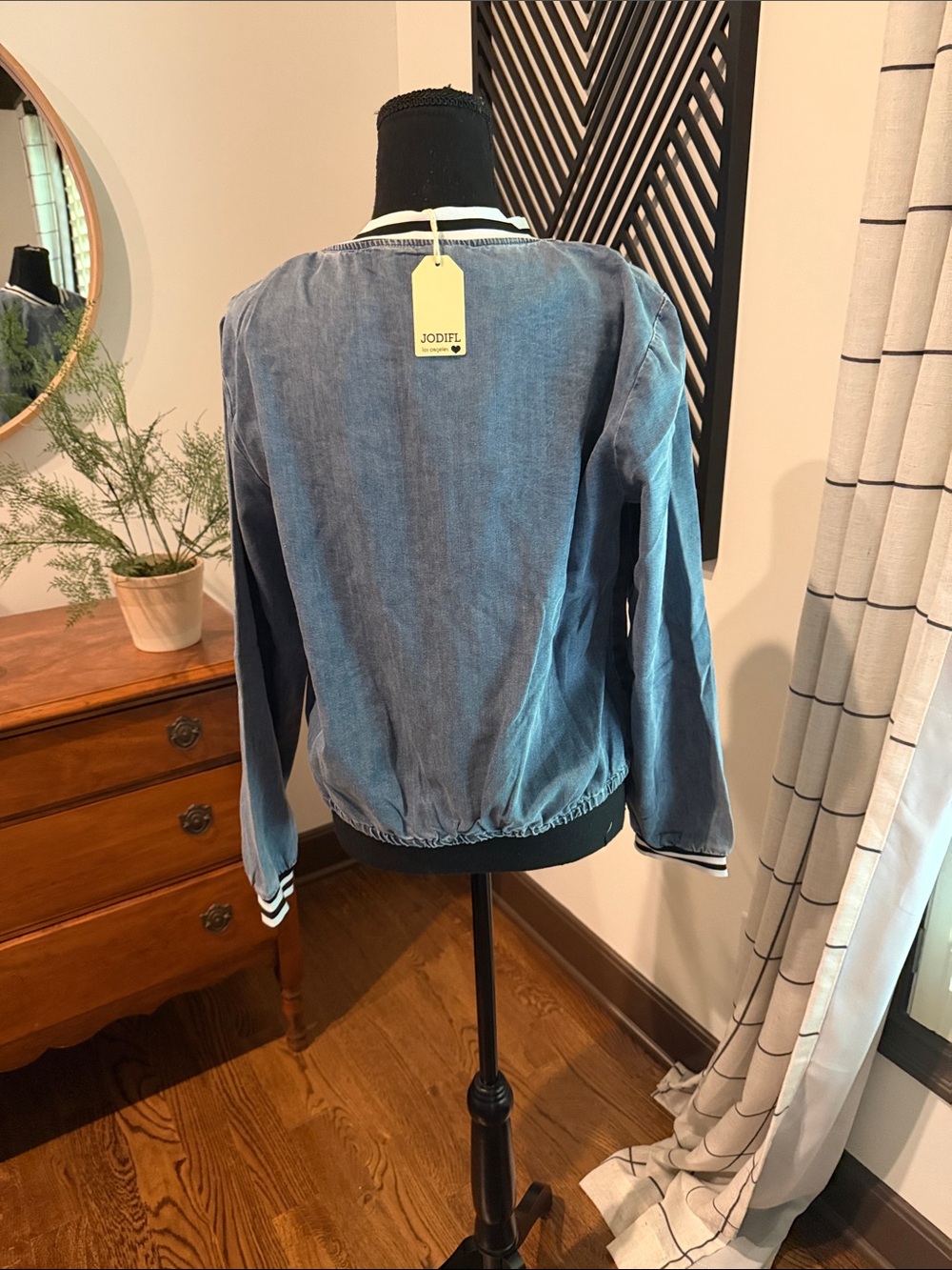 JODIFL Denim Blue Bomber Jacket with Stripe Trim large - Picture 4 of 12